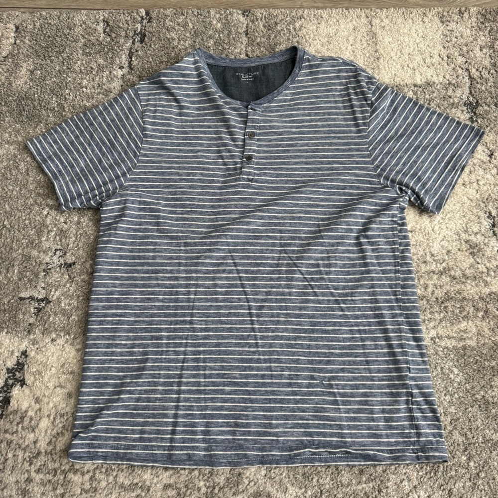 Structure Slim Fit Blue & White Striped Short Sleeve Henley